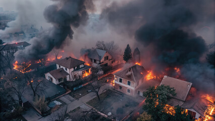 Residential houses consumed by intense wildfire concept. Dramatic aerial view of homes engulfed in flames and smoke.