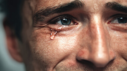 Obraz premium Smiling man hides pain behind joyful expression concept. Emotional close-up of a man with tears reflecting deep feelings.