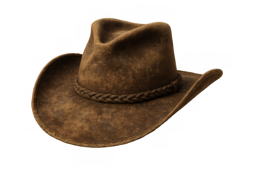 Brown weathered suede cowboy hat with a braided leather band, symbolizing western culture and adventurous spirit, transparent background