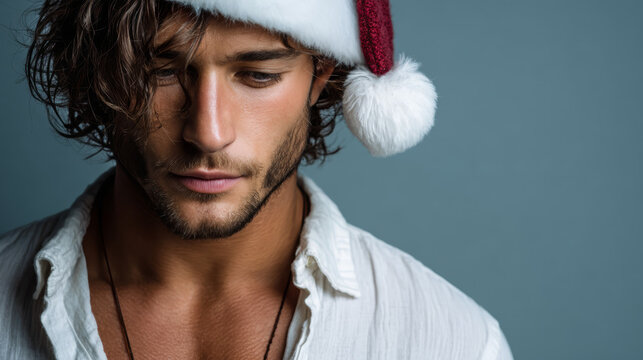 Young man wearing Santa hat looking down with neutral expression  