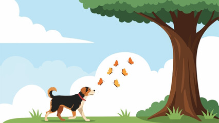 A Beagle dog looking up at falling leaves from a tree.