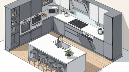 Modern Kitchen Design with Island and Appliances.
