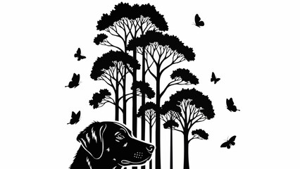 Black and white silhouette of a Labrador dog in a forest setting.