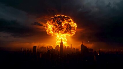 Massive nuclear explosion with fiery mushroom cloud rising above dark city silhouette - Powered by Adobe
