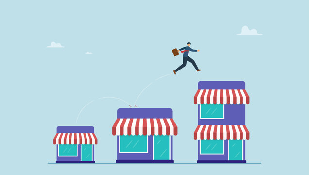 Businessman jumping on bigger franchise shop. Expand storefront growing business, franchise license or business growth opportunity, marketing to improve retail store and achieve success.