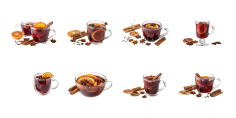 Collection of steaming hot mulled wine glasses garnished with cinnamon sticks orange slices and spices on transparent background