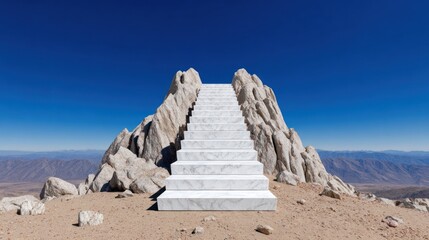 Luxurious white marble staircase ascending the rugged peak of a remote desert mountain under a vast blue sky