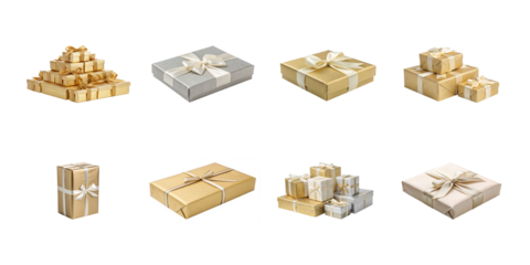 Assortment of elegantly wrapped gold and silver gift boxes featuring satin ribbons for holiday celebrations on transparent background