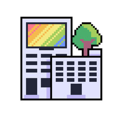 Building Cluster with Tree at Behind, Pixel Art Icon, Isolated