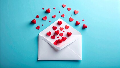 Open White Envelope Overflowing with Small Red 3D Hearts Isolated on a Solid Blue Background - Concept for Love Letters, Romance, and Heartfelt Messages