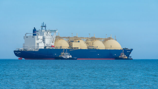 The LNG tanker Pacific Arcadia docks for gas refuelling.