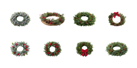 Collection of eight assorted artificial holiday wreaths featuring pine cones evergreen branches frosted berries and decorative ribbons on transparent background