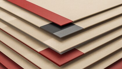 Stack of beige sheets with colored edges, including red and grey strips, fanned out in a layered arrangement.