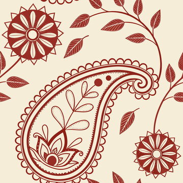Traditional Red and Cream Seamless Paisley Vector Pattern for Nakshi Kantha Embroidery