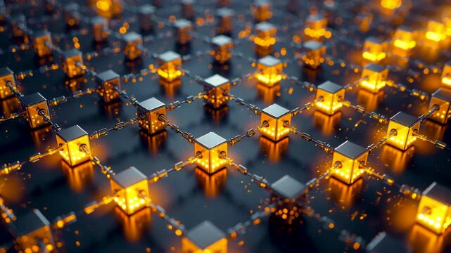 Grid of glowing golden cubes arranged in geometric pattern on dark reflective surface