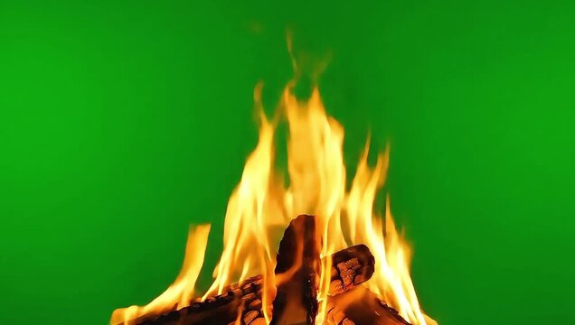 Vibrant fire burns against green screen background