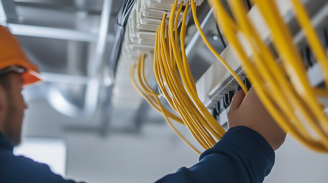 An electrician carefully connects yellow cables to a network panel, ensuring secure connections in a structured cabling system with precision and expertise.