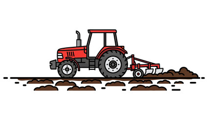 Red tractor plowing brown soil depicted in a flat stylized illustration
