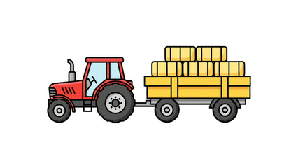Fototapeta premium Red tractor pulling a yellow trailer stacked with rectangular hay bales