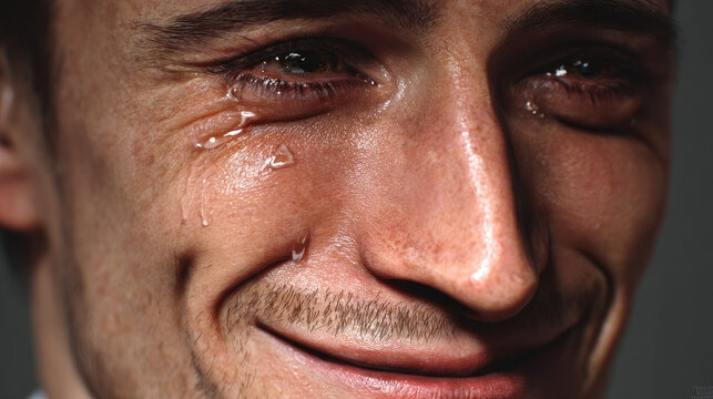 Smiling man hides pain behind joyful expression concept. A close-up of a man smiling despite tears, reflecting deep emotion.