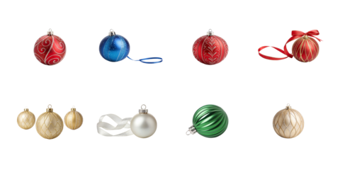 Collection of assorted colorful shiny Christmas tree ornaments with various textures and ribbon details on transparent background