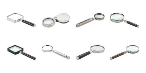 Collection of eight assorted magnifying glasses featuring various handle styles and rectangular or round lenses on transparent background