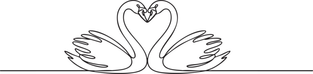 Continuous one line drawing of two swans forming a heart shape with their necks, minimalist romantic animal concept for Valentine&rsquo;s Day, vector illustration
