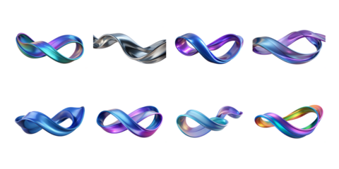 Collection of iridescent and chrome infinity symbols in various fluid, swirling orientations and vibrant colors on transparent background