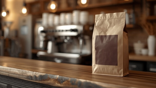 Professional Coffee Mockup: Pouch on Rustic Counter with Golden Light