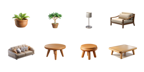 Collection of modern and natural living room furniture and decorative plants rendered in 3d on transparent background