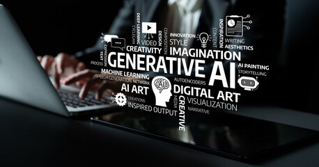 A focused individual works on a laptop displaying generative AI concepts. This image represents innovation, creativity, and the power of digital artistry in modern technology. Tessel