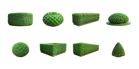 Collection of various meticulously shaped green topiary bushes and hedges perfect for garden landscape design on transparent background