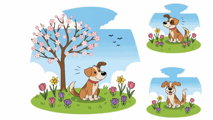 Cute cartoon dog sitting in a field of flowers with a tree.