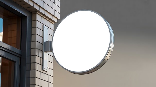 Large round white light fixture mounted on a beige brick building exterior