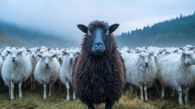 Single black sheep faces camera while white flock stands behind illustrating individuality leadership and courage to stand out from the crowd