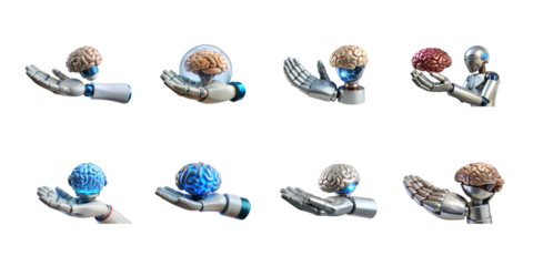 Collection of robotic hands presenting human brains symbolizing artificial intelligence machine learning and cognitive technology on transparent background
