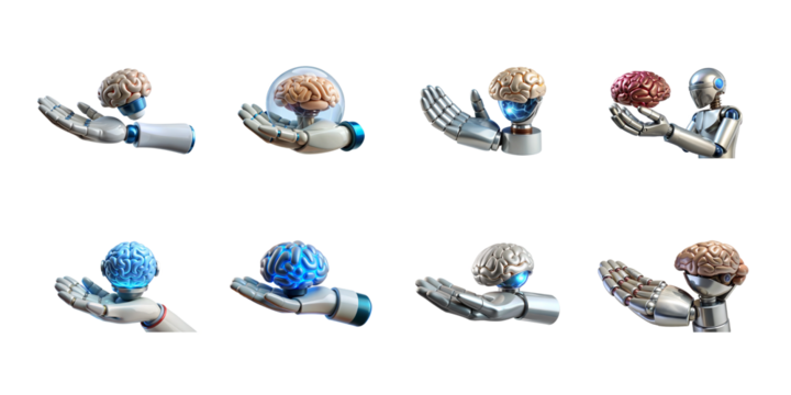 Collection of robotic hands presenting human brains symbolizing artificial intelligence machine learning and cognitive technology on transparent background - Powered by Adobe
