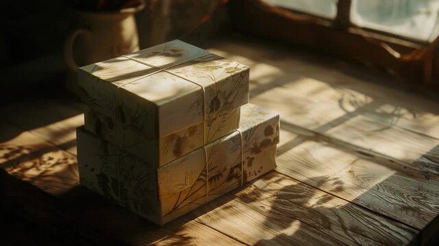 Video A stack of three boxes sitting on top of a wooden table, suitable for various uses including storage, decoration or display