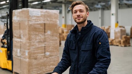 Smiling warehouse worker pulls pallet jack among stacked boxes representing efficient logistics teamwork and modern supply chain operations - Powered by Adobe