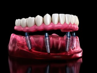 A 3D rendered model showcasing a full set of teeth supported by multiple dental implants.