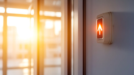 Illuminated arrow sign points upward, affixed to a wall. Bright sunlight streams through the nearby window, creating a warm, optimistic ambiance. A symbol of progress.