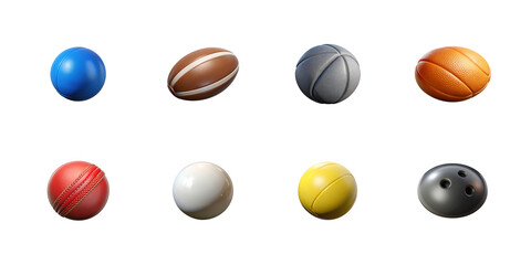 Collection of eight realistic 3d rendered sports balls including cricket football basketball and bowling pins on transparent background