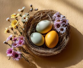 A delicate Easter still life featuring three pastel-colored eggs nestled in a straw bird's nest, adorned with sprigs of colorful daisy-like flowers, all bathed in warm, natural sunlight.