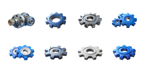 Collection of blue and silver 3d rendered mechanical gears and machinery components isolated on transparent background on transparent background