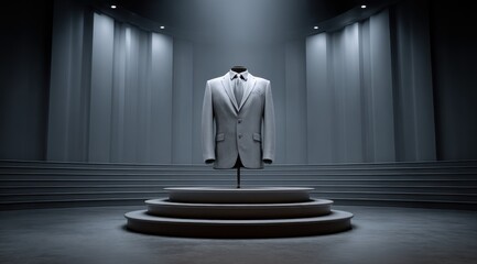 A finely tailored grey business suit stands prominently on a tiered platform under focused lighting.