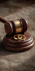 A gavel and two gold wedding bands resting on the gavel's stand symbolize a divorce.