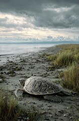 A large sea turtle rests on a sandy beach, framed by tall grasses and a moody, overcast sky.