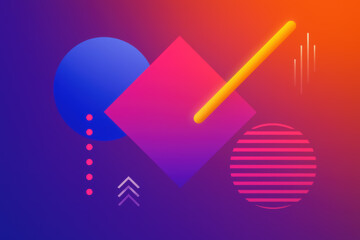 Digital artwork. Abstract composition with square, circles, diagonal bar, and gradient background. Concept of branding identity, creative innovation, geometric design, and visual storytelling