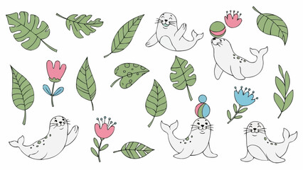 Cute Seals and Tropical Leaves Illustration. © cici caesar