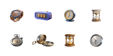 Collection of eight various time measurement icons including watches clocks stopwatches and sand timers on transparent background
